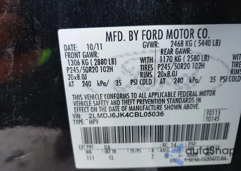 2012 Lincoln Mkx from USA, damaged, VIN 2LMDJ6JK4CBL05036